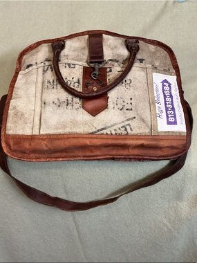 Mona B Tan Leather-Trim Canvas Travel Satchel